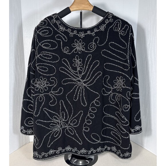Once Again Womens Blouse Black 3/4 Sleeve Stretch Embroidered Plus 1X - Picture 2 of 16